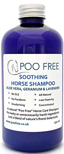 POO FREE 99% Natural CHAMPÚ CALMANTE para Caballos - con Aloe Vera, Geranio & Lavanda 250ml pH Equilibrado. Sin Sulfatos, Sin Parabenos, Sin Silicona. Concentrado, Limpia, Calma, Hidrata, Alivia