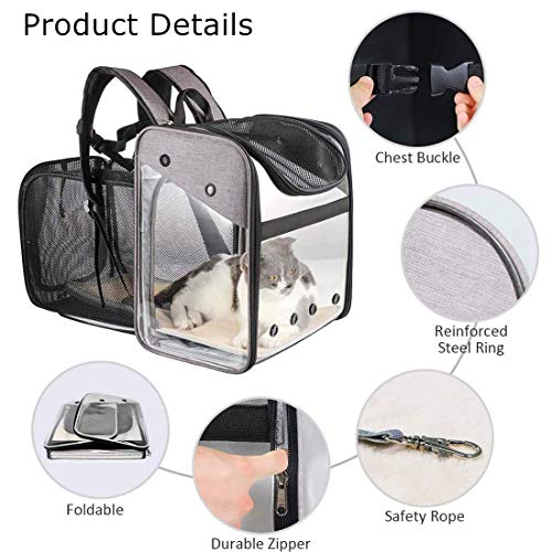 Portador de Mascota Mochila Extensible para Perro Gato 10kg, Bolsa Transporte para Viaje, Transparente Plegable Transpirable y Espaciosa con Cojín de Felpa, Transportín Aprobada por Aerolínea (Gris)