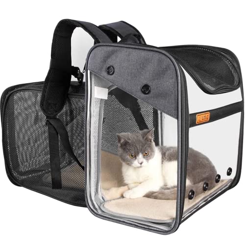 Portador de Mascota Mochila Extensible para Perro Gato 10kg, Bolsa Transporte para Viaje, Transparente Plegable Transpirable y Espaciosa con Cojín de Felpa, Transportín Aprobada por Aerolínea (Gris)