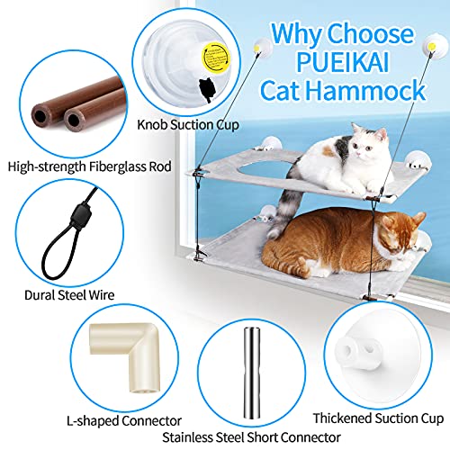 PUEIKAI Hamaca para Gato, Hamaca Ventana de Gato de Doble Capa, Cama Ventana Grande para Gatos con Ventosas de Perilla y Dos Tamaños de Cables de Conexión, Cama Colgante Gato Soportar hasta 50LBS