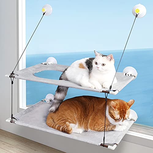 PUEIKAI Hamaca para Gato, Hamaca Ventana de Gato de Doble Capa, Cama Ventana Grande para Gatos con Ventosas de Perilla y Dos Tamaños de Cables de Conexión, Cama Colgante Gato Soportar hasta 50LBS