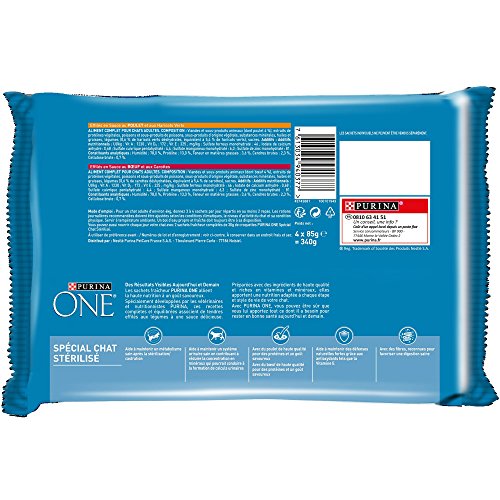 PURINA ONE Especial Gato stérilisé: al Pollo y al Buey – 4 x 85 g – Bolsas Fiambrera para Gatos Adultos –  – Juego de 12