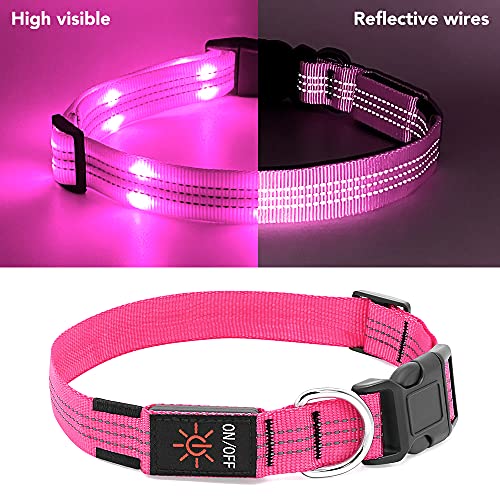 PZRLit Collar Luminoso Perro Recargable con 3 Modos de iluminación Collar Luz Perro Noche de Seguridad, Ajustable para Cachorros Pequeños, Medianos y Grandes Collar LED Perro Luminoso-Rosado,Medio