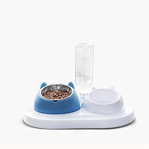 Queta Comedero para gatos, comedero para mascotas, 400 ml, de acero inoxidable, antideslizante, con dos capas, juego de comedero para gatos, diseño de boca oblicua (combinación azul)