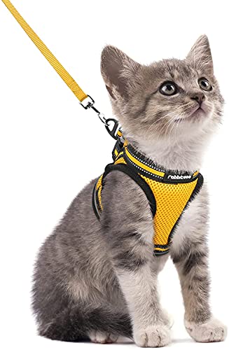 rabbitgoo Arnes Gatos y Correa 150cm Chaleco Ajustable Antitirones Reflectante Cómodo Correa Mágica para Fácil de Poner y Quitar para Paseo Diario Arnes para Perro Pequeño Conejos Gatos S Amarillo