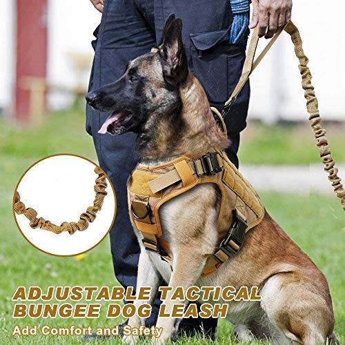 rabbitgoo Correa para Perro Elástica Tactical, Cables con 2 Asas Correa de Nylon Reflectantes para Mascota Grande Mediano con Extensión Fuerte para Entrenamiento Perros Militares Marrón 114cm -158cm