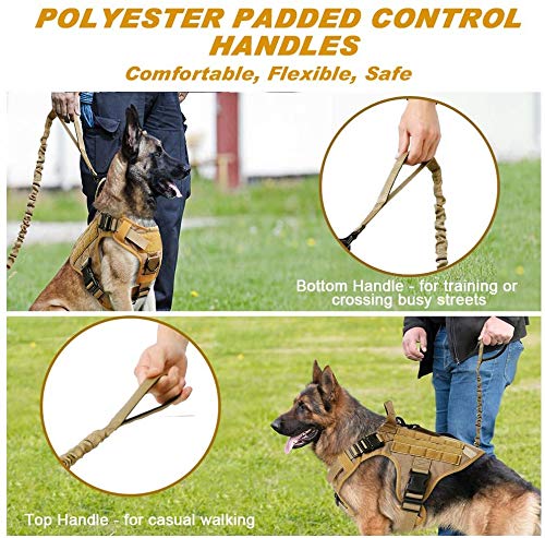 rabbitgoo Correa para Perro Elástica Tactical, Cables con 2 Asas Correa de Nylon Reflectantes para Mascota Grande Mediano con Extensión Fuerte para Entrenamiento Perros Militares Marrón 114cm -158cm