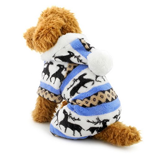 Ranphy Ropa de perro pequeño gato para niño niña suave terciopelo patrón de reno perro Pijamas cachorro sudadera con capucha Mono azul M