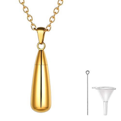 Richsteel Oro Guardapelo Gota de Agua Colgante en Collar Ajustable 22 Pulgadas, Acero Inoxidable con baño de Oro, Relicario Perfume Urna cremación Cenizas Amor Querido, Joya Hombre Mujer