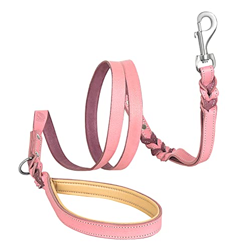 Riparo correa de cuero trenzado de perro con 2 asas, acolchado de tráfico de la manija, la formación de perros correas de paseo para perros medianos y grandes (Rosa , M: 1,27 cm x 1,8 m)