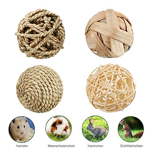 RoadLoo Cama Juguete Masticable, 2 Natural Alfombra HierbaTejida 4 Pcs Juguetes para Masticar Conejos Mano Seguro Comestible Esteras Natural Bola Hierba para Chinchillas y Hámster Mascotas Pequeñas