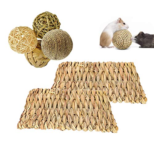 RoadLoo Cama Juguete Masticable, 2 Natural Alfombra HierbaTejida 4 Pcs Juguetes para Masticar Conejos Mano Seguro Comestible Esteras Natural Bola Hierba para Chinchillas y Hámster Mascotas Pequeñas