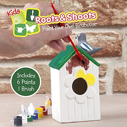 Roots & Shoots – Pinta tu propia casa de pájaros, kit de casa de pájaros pintables con pinturas y pincel, kits de manualidades para niños, decoración de la casa de pájaros, 11 cm x 8 cm x 18,5 cm