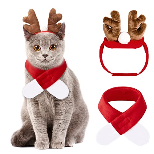 Ropa de Navidad para Mascotas,2 Piezas Traje de Navidad para Gatos,Ropa de Navidad para Perros,Disfraz de Navidad para Gatos,Diademas de Reno y Bufanda,Disfraz de Gato Navideño Disfraz de Perro