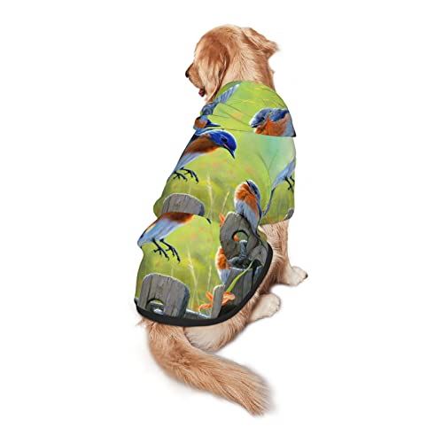 Ropa de perro con capucha para perro con estampado de pájaros azul oriental con capucha para disfraz de mascotas, sudadera de invierno mediana y grande