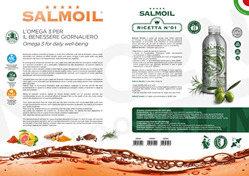 SALMOIL by NECON Pet Food Receta 1, alimento complementario/alimento para Perros y Gatos a Base de Aceite de salmón Noruego enriquecido de Aceite de Oliva 250 ml, Rico en Vitamina E, Made in Italy