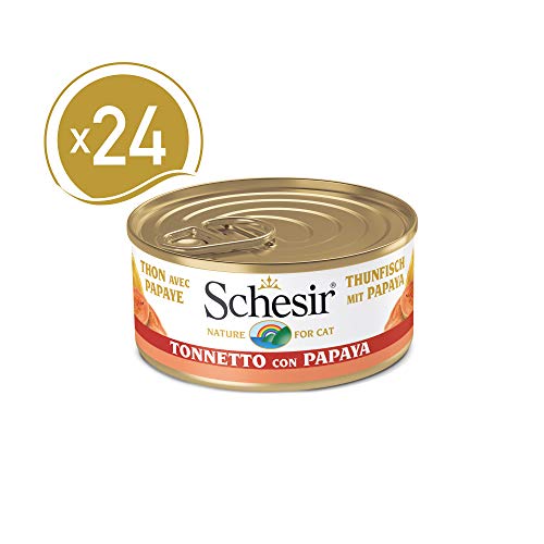 Schesir, Comida húmeda para Gatos Adultos, Sabor bacoreta con Papaya en gelatina Blanda con Verdaderos trozos de Fruta - Total 1,8 kg (24 latas x 75 gr)