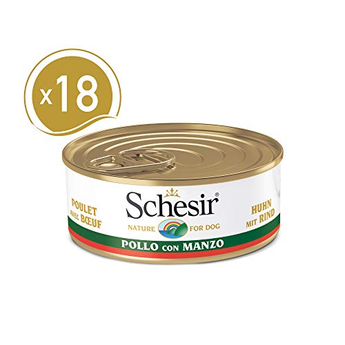 Schesir, Comida húmeda para Perros Adultos, Sabor Pollo con Buey en gelatina Blanda - Total 2,7 kg (18 latas x 150 gr)