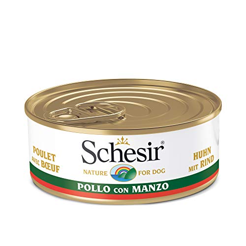 Schesir, Comida húmeda para Perros Adultos, Sabor Pollo con Buey en gelatina Blanda - Total 2,7 kg (18 latas x 150 gr)