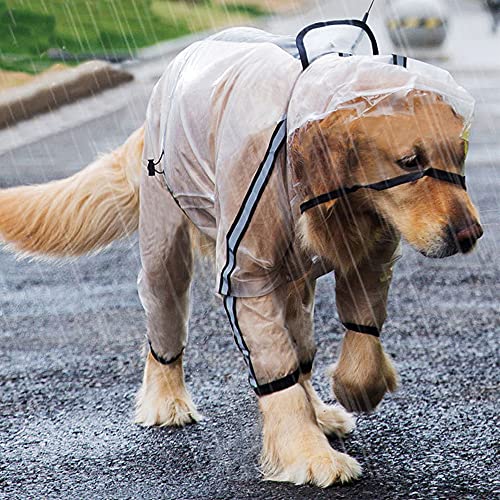 Seahelms Chubasquero para perro, impermeable, con capucha y agujero para arnés y piernas extendidas, transparente ajustable con capucha para perro pequeño, mediano y grande (blanco, L)