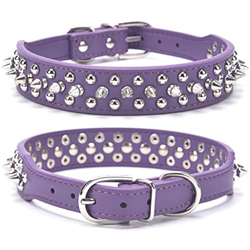 SEKAYISORE Collar de perro ajustable con tachuelas, de piel de microfibra con pinchos para cachorros, collar antimordeduras para perros pequeños, medianos y grandes, morado XS