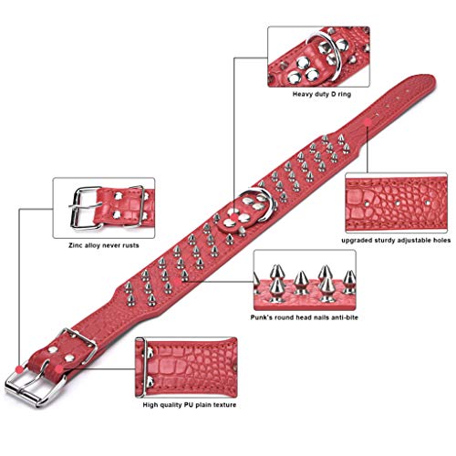 SEKAYISORE Collar de perro resistente, ajustable con tachuelas con espigas, 3 filas de remaches de bala tachonado de cuero sintético para todas las razas, 5 cm de ancho, color rojo L