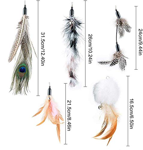 SharpCost Juguete Interactivo de Plumas para Gatos, Juguete retráctil de Plumas Naturales para Gatos con 5 Piezas de Repuesto de Ganchos para Gatos con Campanas