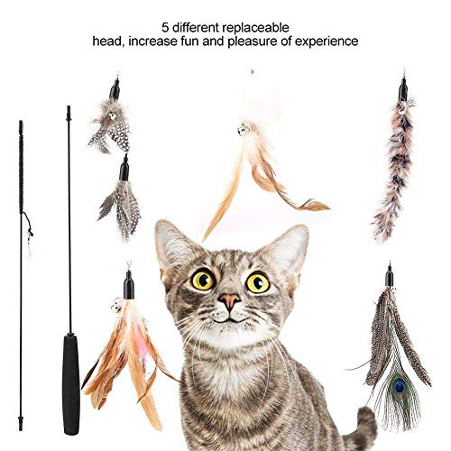 SharpCost Juguete Interactivo de Plumas para Gatos, Juguete retráctil de Plumas Naturales para Gatos con 5 Piezas de Repuesto de Ganchos para Gatos con Campanas