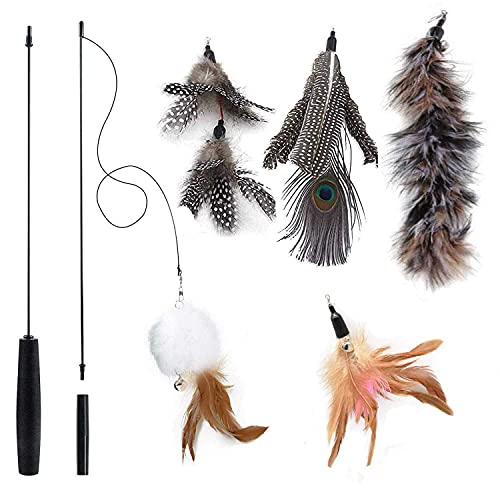 SharpCost Juguete Interactivo de Plumas para Gatos, Juguete retráctil de Plumas Naturales para Gatos con 5 Piezas de Repuesto de Ganchos para Gatos con Campanas