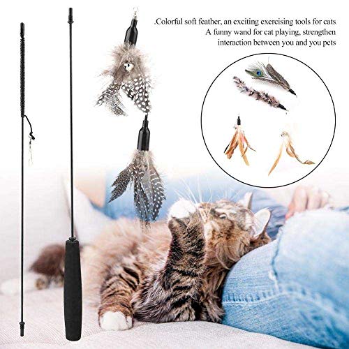 SharpCost Juguete Interactivo de Plumas para Gatos, Juguete retráctil de Plumas Naturales para Gatos con 5 Piezas de Repuesto de Ganchos para Gatos con Campanas