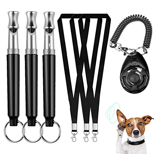 Silbato para Entrenamiento Perros, 3pcs Silbato Perros con Acollador Ultrasonidos y Clicker de Entrenamiento de Perro, Ajustable Silbato Sonido Ultrasónico