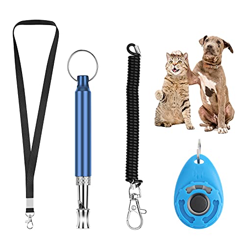 Silbato y clicker para entrenamiento de perros, silbato para perros con cordón, clicker para perros, kit de entrenamiento para mascotas, ideal para el entrenamiento de cachorros de mascotas (Blau)