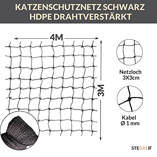 STEGREIF Red de protección para balcón y ventana, 4 x 3 m, color negro, red de protección para gatos, para la protección de balcón, terraza, ventanas y puertas, incluye kit de montaje e instrucciones