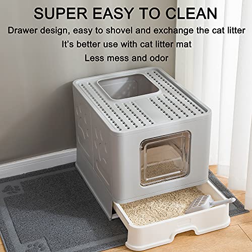 Suhaco Caja de Arena para Gatos con Tapa Bandeja de Arena para Gatos Plegable Grande con Inodoro para Mascotas de Entrada Superior Que Incluye Pala (Gris)