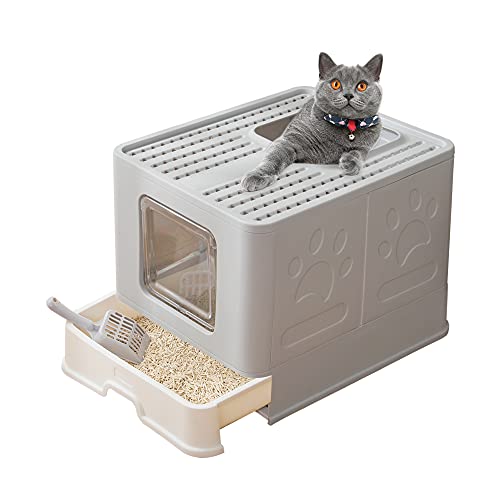 Suhaco Caja de Arena para Gatos con Tapa Bandeja de Arena para Gatos Plegable Grande con Inodoro para Mascotas de Entrada Superior Que Incluye Pala (Gris)