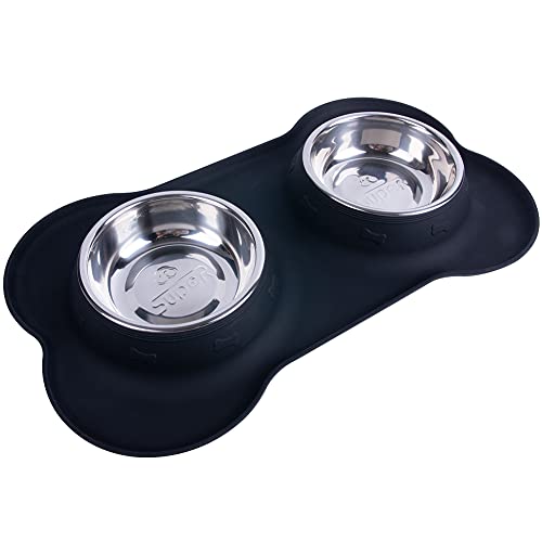 Super Design Comedero Doble Perro con cuenos INOX Comedero Gato Doble con Base de Silicona en Forma de Hueso