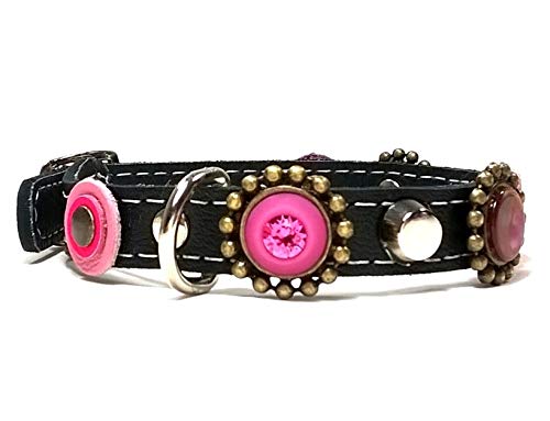 Superpipapo Original y Cómodo Collar para Gatos de Cuero Negro, Hebilla con Seguridad Elástico, Piel de Calidad, Diseño Único Hecho a Mano en España, Lujo Bling Bling con Rosa Morado y Swarovski