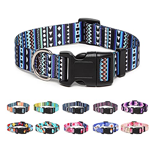 Suredoo Collar Perro, Ajustable y Resistente con Patrones de Moda, Collar Nylon Cómodos para Perros Pequeños Medianos Grandes, Cachorros (L, Azul)