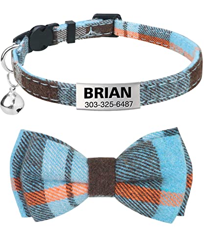 TagME Collar de Gato Personalizado, con Placa de Identificación Personalizable y Hebilla de Liberación Rápida Corbata de Moño Collar de Gato, 1 Paquete Neblina Azul