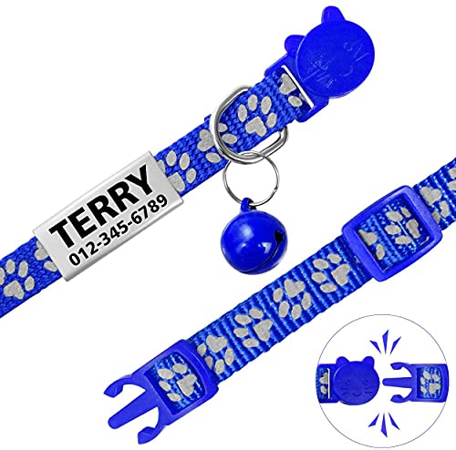 TagME Collar de Gato Personalizado, Reflectante Collares para Gatos con Cascabeles y Hebilla Seguro de Liberación Rápida, 2 Piezas Azul Oscuro