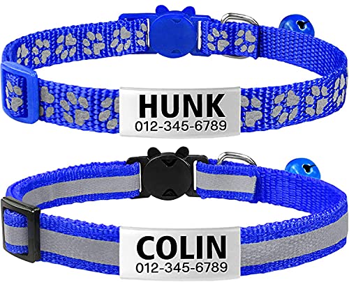 TagME Collar de Gato Personalizado, Reflectante Collares para Gatos con Cascabeles y Hebilla Seguro de Liberación Rápida, 2 Piezas Azul Oscuro