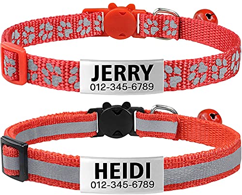 TagME Collar de Gato Personalizado, Reflectante Collares para Gatos con Cascabeles y Hebilla Seguro de Liberación Rápida, 2 Piezas Rojo