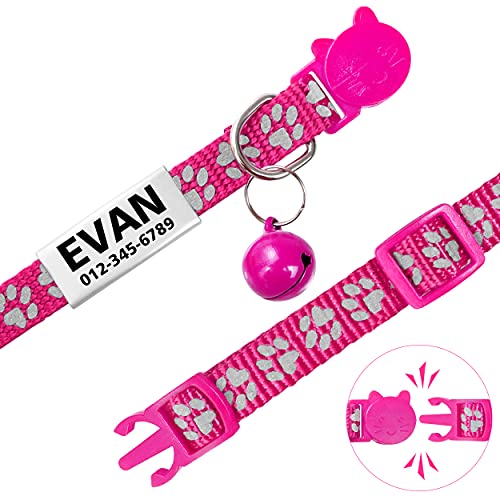 TagME Collar de Gato Personalizado, Reflectante Collares para Gatos con Cascabeles y Hebilla Seguro de Liberación Rápida, 2 Piezas, Rosa Brillante