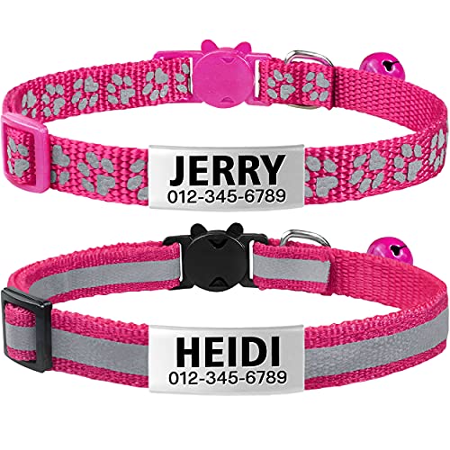 TagME Collar de Gato Personalizado, Reflectante Collares para Gatos con Cascabeles y Hebilla Seguro de Liberación Rápida, 2 Piezas, Rosa Brillante