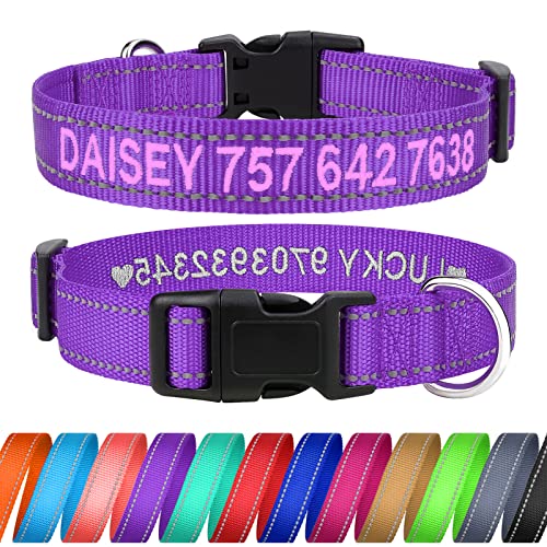 TagME Personalizado Mediano Collar Perro, Bordado Nombre y Número De Teléfono Reflectante Collar Perros, Morado M