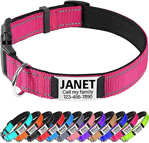 TagME Personalizado Nylon Collares para Perros, Ajustable Reflectante Collar Perro con Acolchados, Etiqueta de Acero Inoxidable Nombre Grabado y Número de Teléfono, Rosa