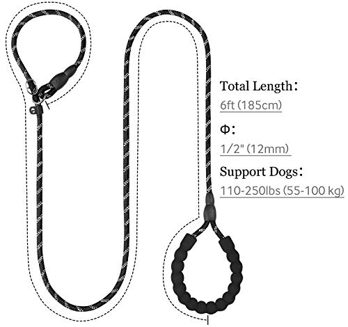 TagME Reflectante Correa Perro Adiestramiento,Correa Retriever,Correa de Entrenamiento,Correa Ajustable Perro Grande,Ø12mm x 185cm,Negro