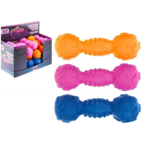 The Home Fusion Company Juguete de plástico para perro con mancuernas chirriante presente rosa, azul, naranja y morado