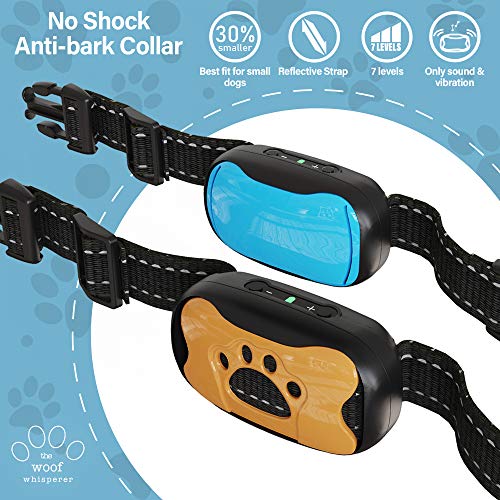 The Woof Whisperer collar antiladridos, para evitar que el perro ladre con sonido y vibración, collar de entrenamiento sin choque humano, perros pequeños, fundas de color azul, naranja y rosa