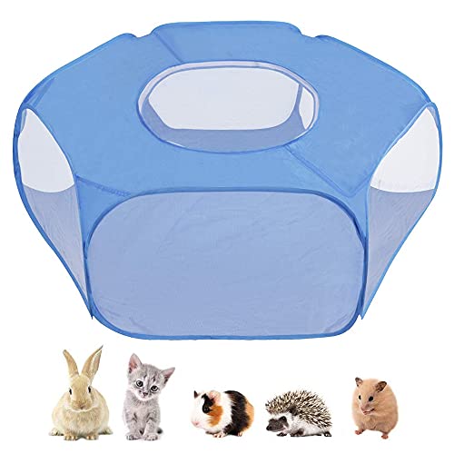 Tienda de Jaulas para Mascotas, Jaula Animal Pequeño Transparente, Animal Valla de Mascota Portátil, con Tapa Superior Anti Escape, para Gatitos Conejos Conejito Hámster Chinchillas (Azul)